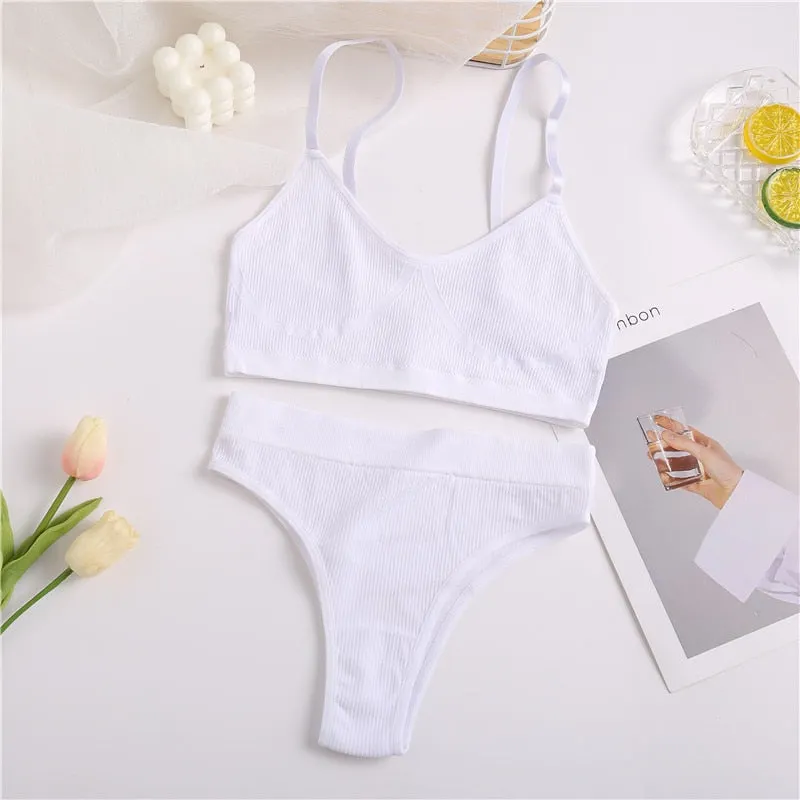 FINETOO Women Bra Set Female Underwear Bralette Ribbed Tops Girls Sexy Lingerie Basic Stretchy Brassiere Tank Crop Tops Suit New