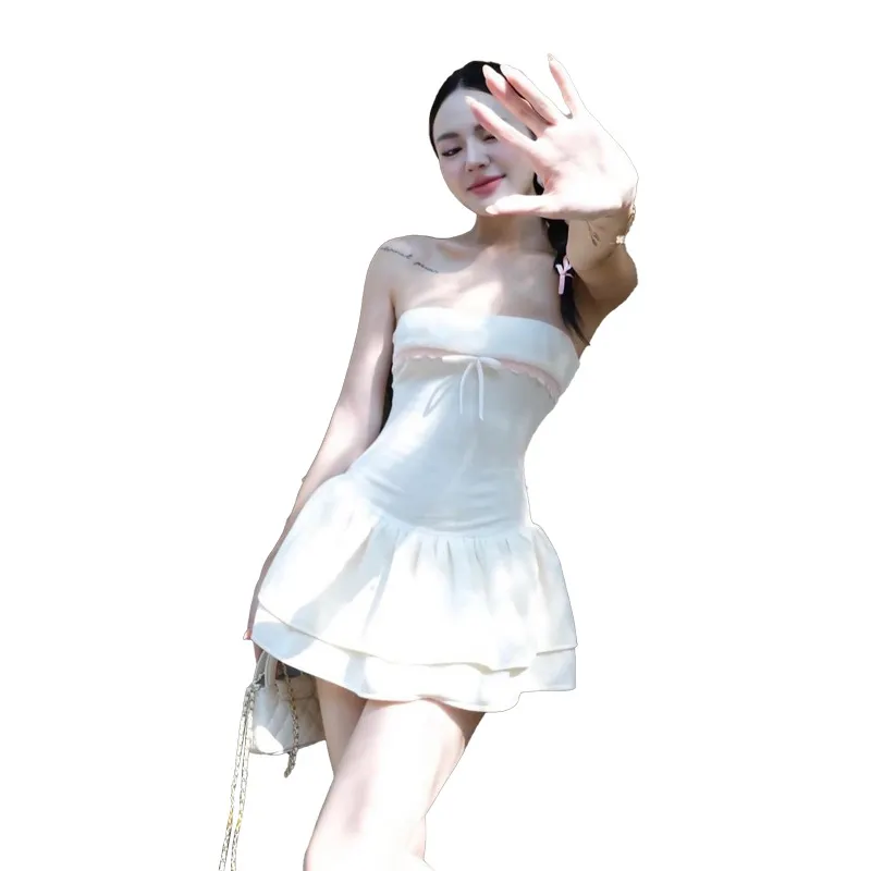 Uveng 2024 Summer New Women's Clothing Match Stitching A Word-Collar Wrapped Chest Lotus Leaf Side Repair Dress