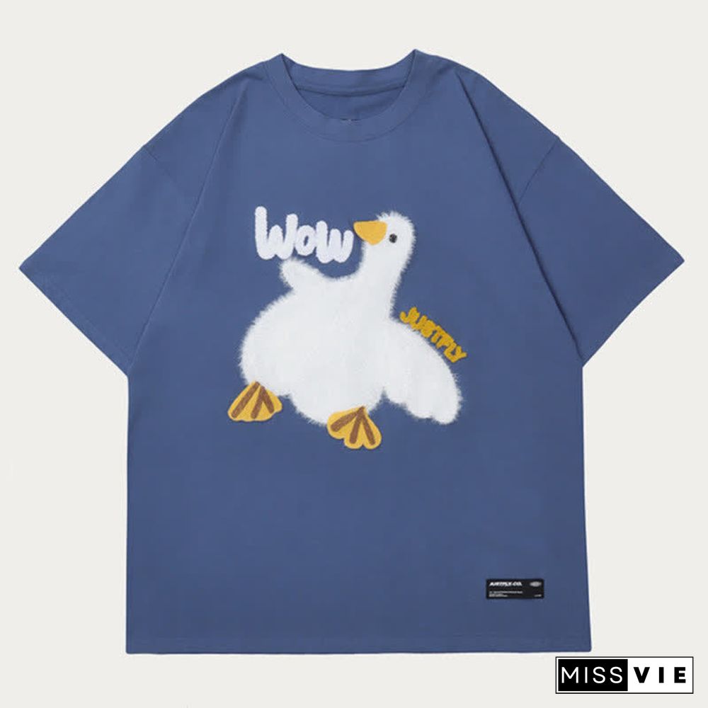 Cartoon Duck Embroidery Round Collar Casual T-Shirt