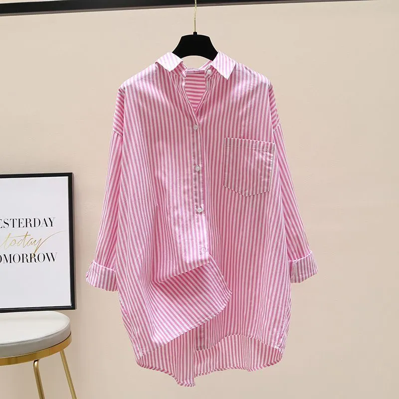 Uveng Uveng Spring And Autumn New Han Fan Literature And Arts Front Short And Rear Long Shirt Women Long Striped Shirt Casual Coat Summer