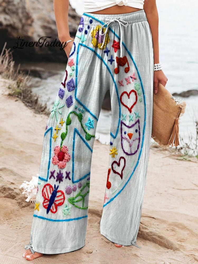 Women&rsquo;s Vintage Peace Art Print Cotton And Linen Casual Pants / S