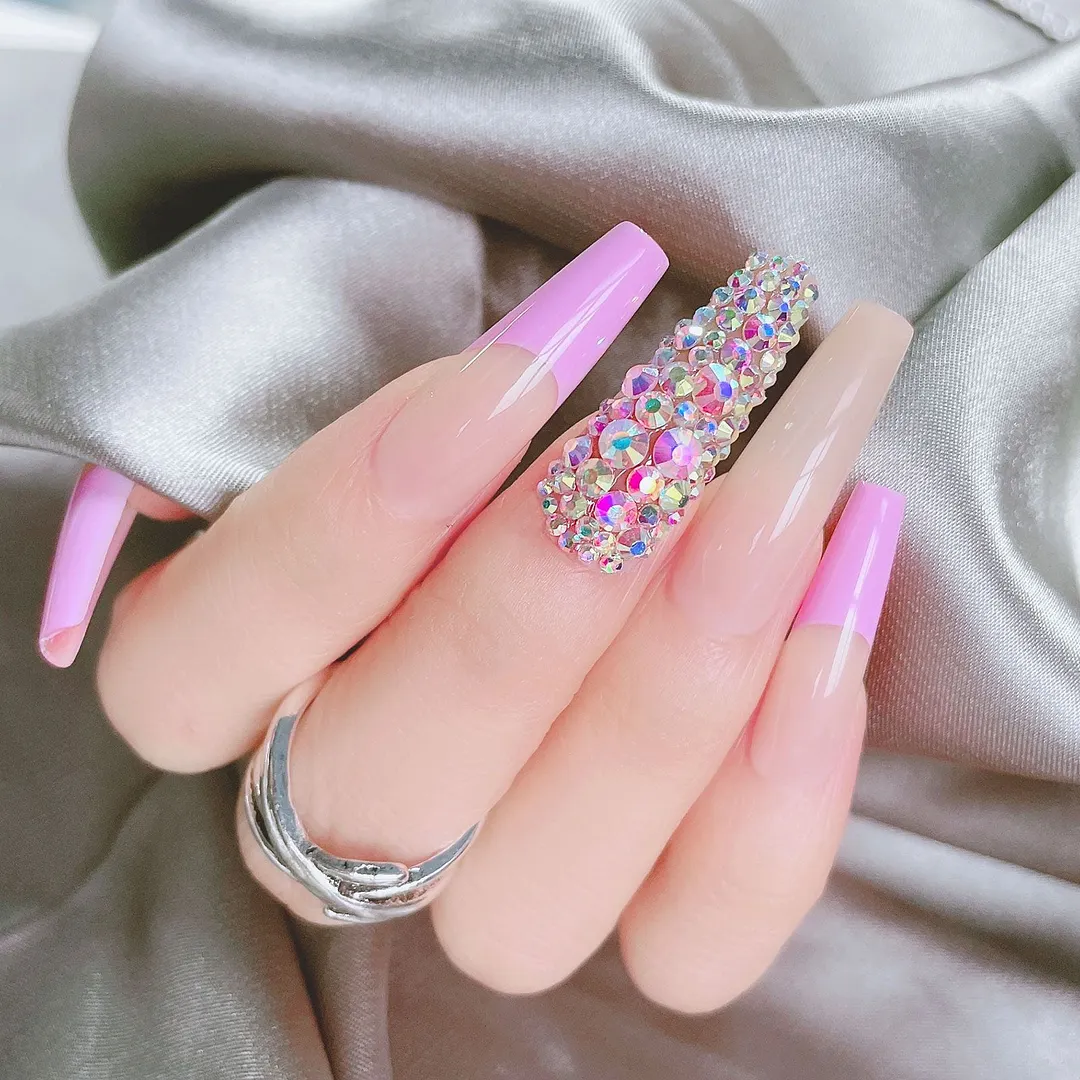 24pcs Extra Long Matte Fake Nails Ballerina Coffin Dark Blue Colorful Rhinestone Decals False Nails with designs Nail Art-Nail Inspo