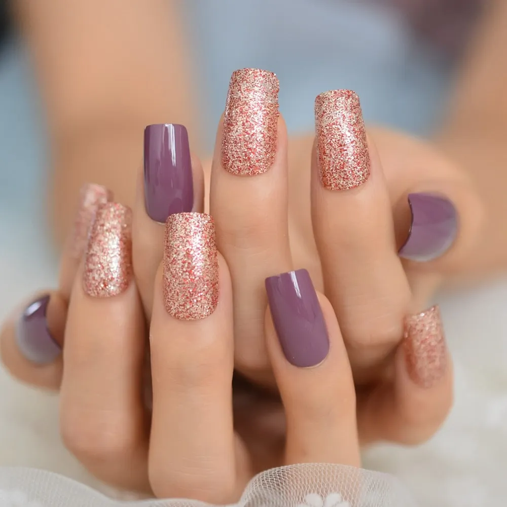 Taro Purple Square Fake Nails Mix Red Champagne Glitter Medium Press On Nails UV Shiny Nail Art Tips Including Glue Tabs-Nail Inspo
