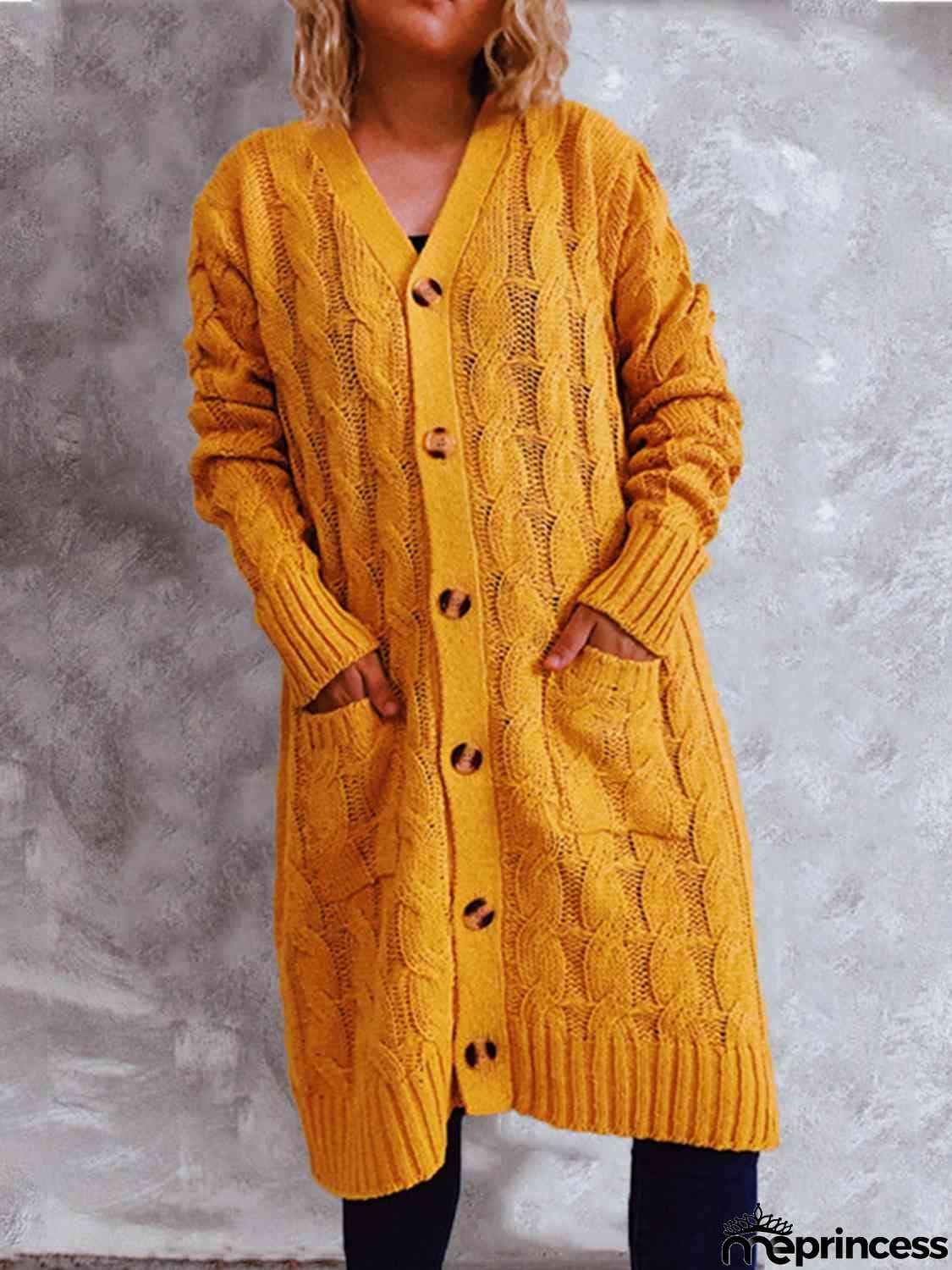 Button Up Cable-Knit Cardigan with Pockets