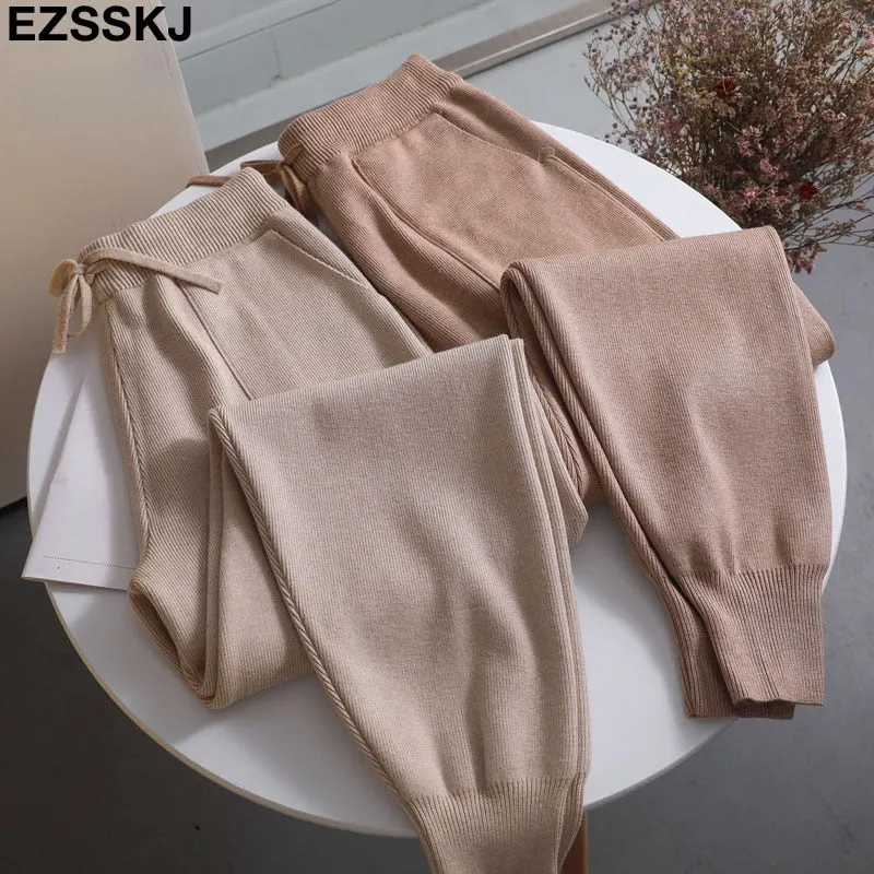 Women Elastic Waist Drawstring Trousers Thick Knitted Harem Pants Autumn Winter Sport swear Women'S Pants New Bottoms