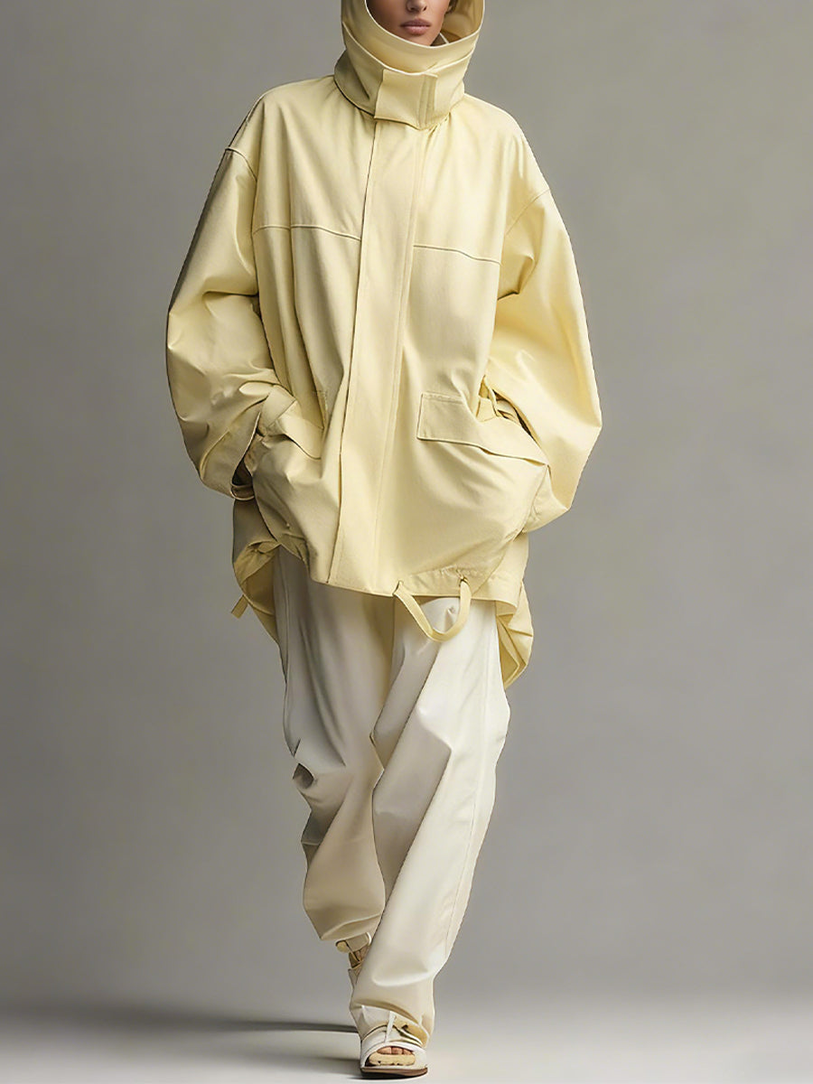 Women's Pale Yellow Cotton Mid-length Coat With Front Zipper MDA2552K6I