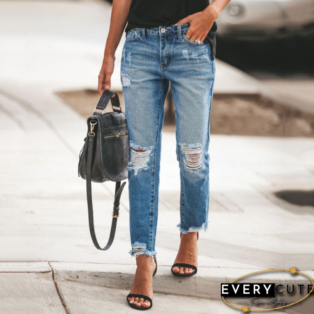 Women's Ripped Fringed Slim Jeans Trousers