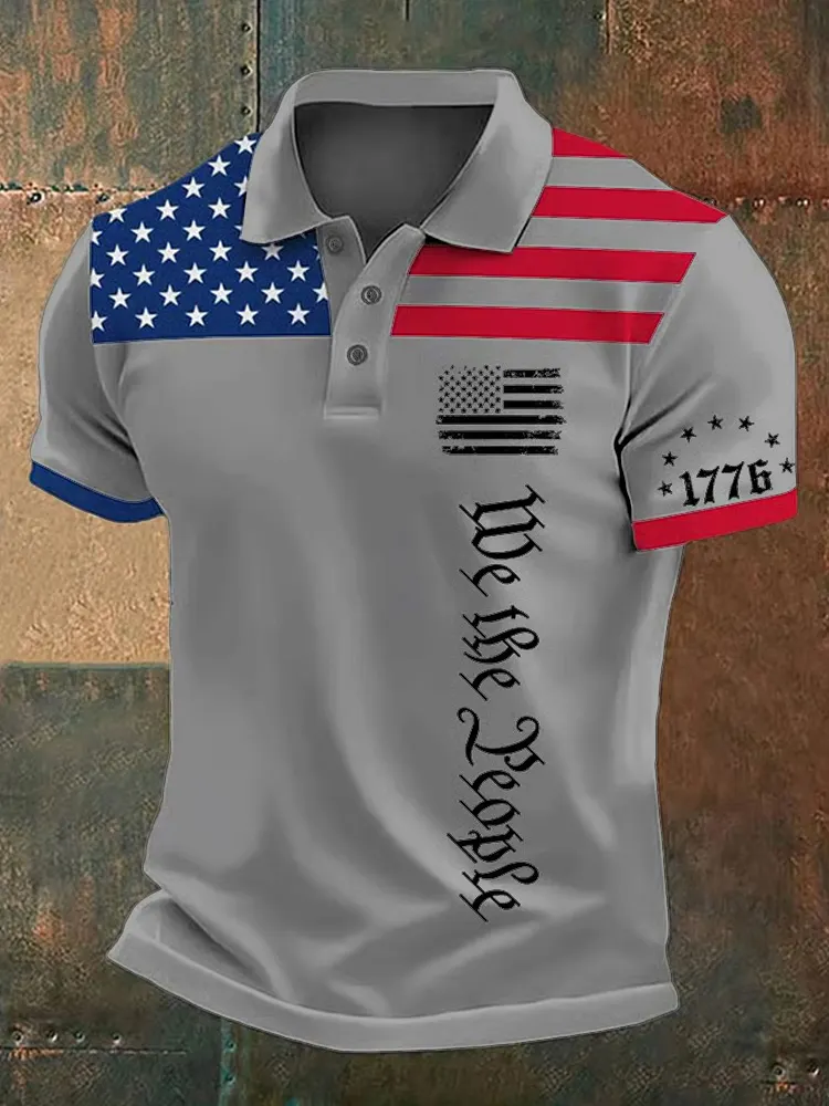 Men's Independence Day Flag We The People Printed Holiday Casual Polo Shirt