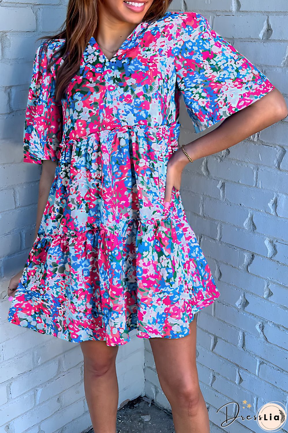 Multicolour Floral Short Sleeve V Neck Tiered Mini Dress