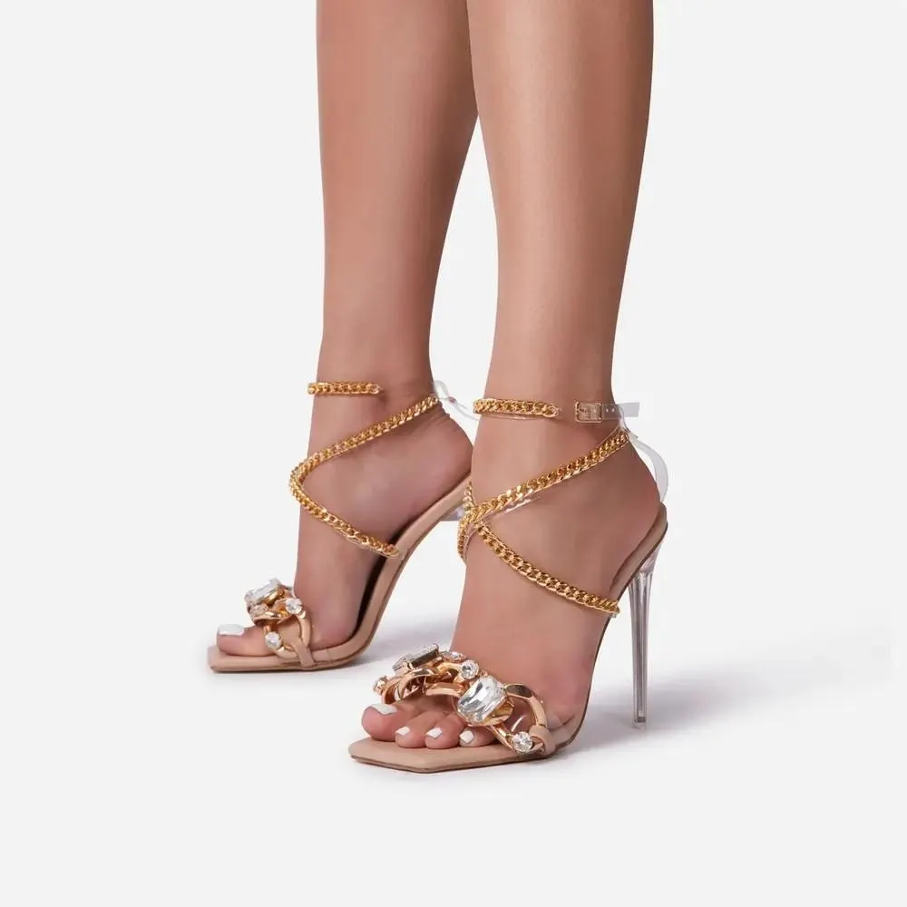 Sexy Summer Sandals Shoes for Women Party Cross-Tied Rome Classics Lace-up Concise Mixed Colors Peep Toe Chain Serpentine Pvc