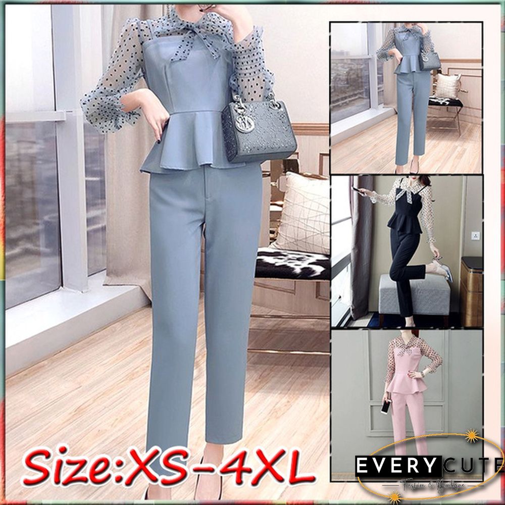 Office Fashion Two Piece Pants Sets Outfits Women Bow Dot Print Patchwork Tunics Tops + Pants Suits Korean Workwear Sets