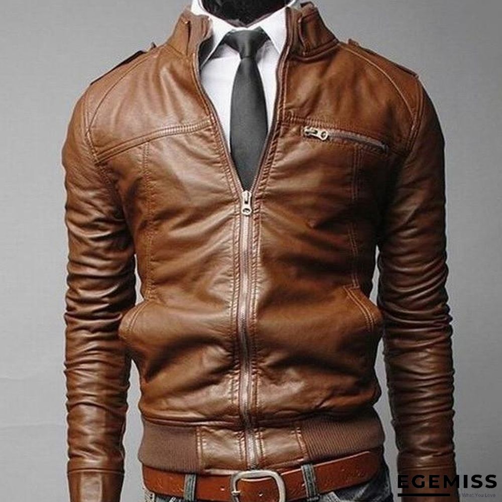Fashion Men Vintage Motorcycle PU Leather Coats Stand Collar Long Sleeve Outwear Zipper Fitness Cool Jacket | EGEMISS