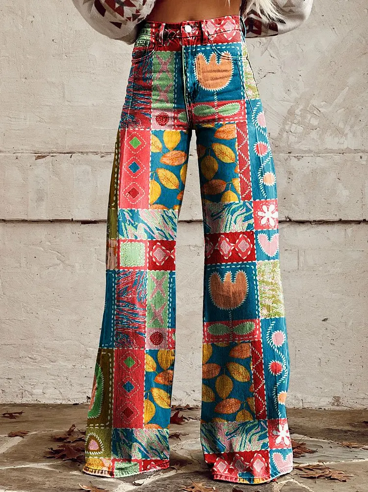 Women's Vintage Print Casual Wide Leg Pants