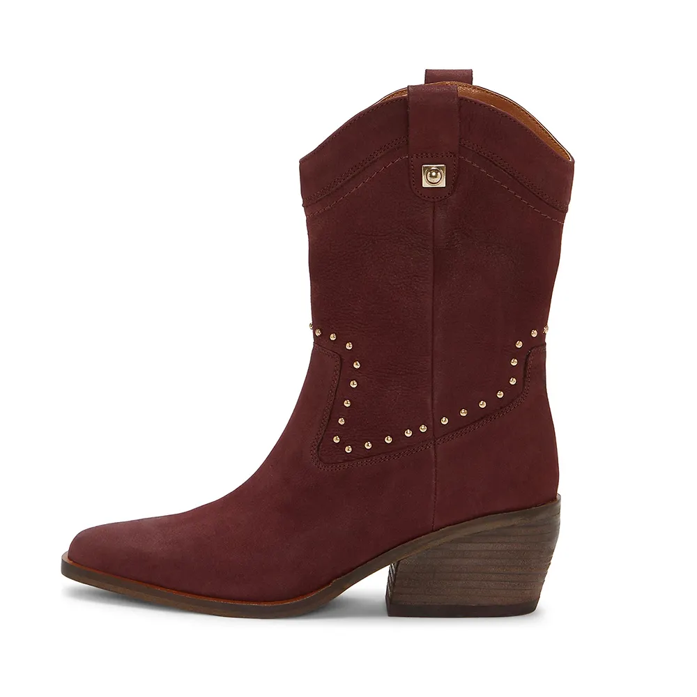 Maroon Vegan Suede Square Toe Studded Western Boots for Women