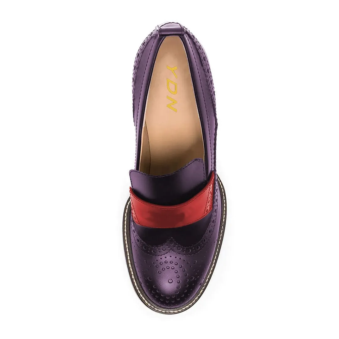 Purple & Red Vegan Leather Perforated Chunky Heel Loafer Shoes Women