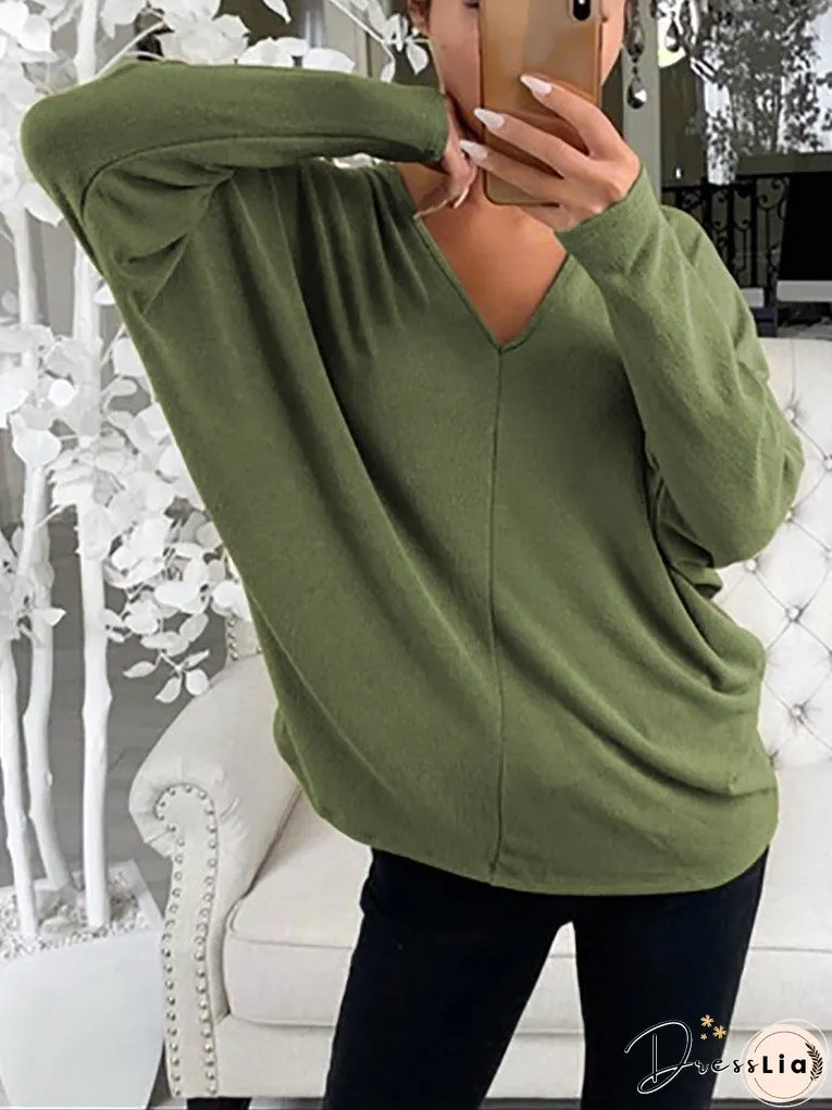 Women's T-Shirts Simple V-Neck Off-Shoulder Long Sleeve T-Shirt