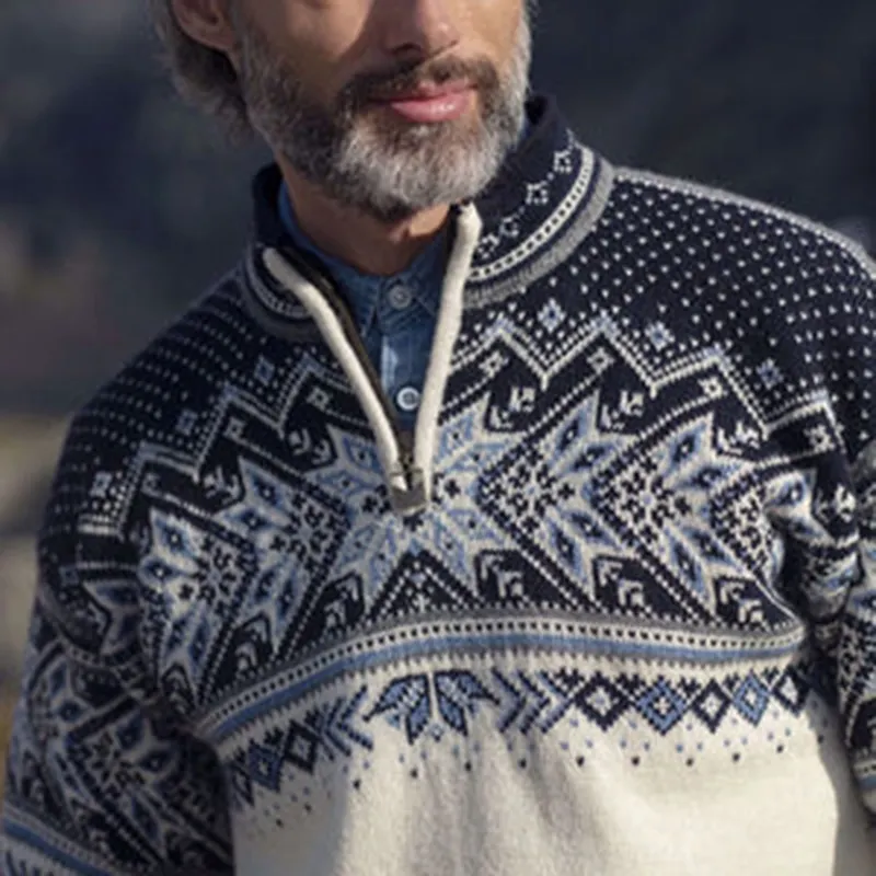 Vintage Warmth Vail Knit Jacquard Icelandic Half Zip Collar Sweater（Unisex ）