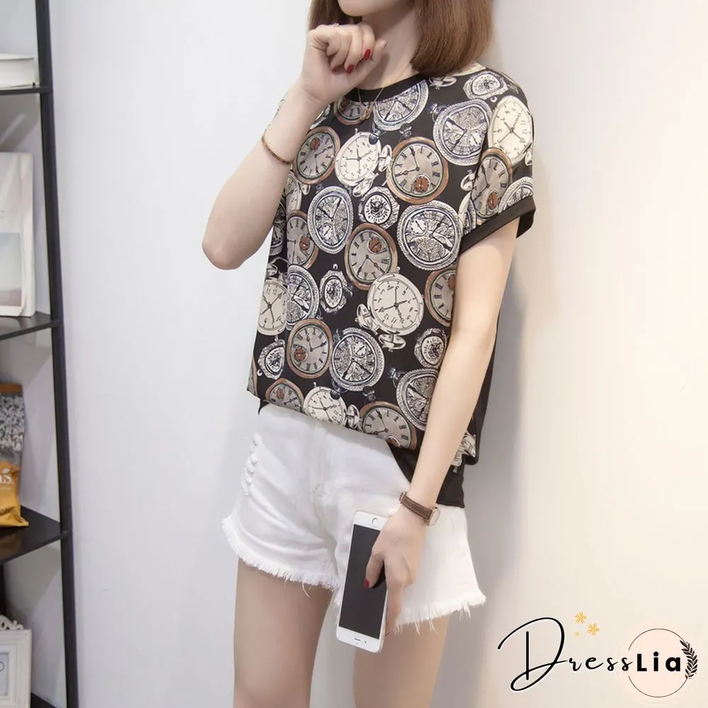 Nkandby Summer Women Short Sleeve Tshirt Chiffon Patchwork Fashion Vintage Print T-Shirt Cool Loose Streetwear Tops Femme