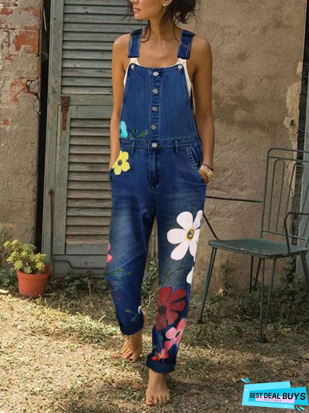 Sleeveless Denim Floral Floral-Print One-Pieces