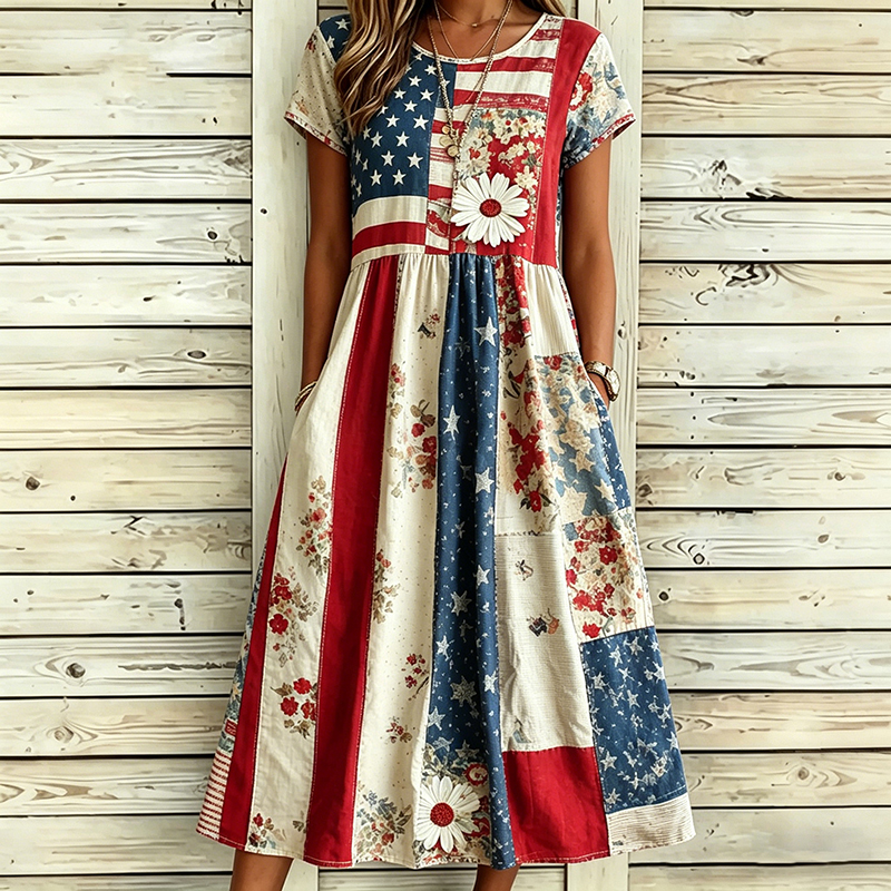 Comstylish Women's Vintage Independence Day Flag Floral Print Casual Linen Blend Maxi Dress