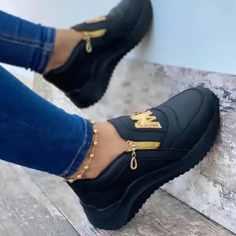 Qengg New Women Sneakers Slip on Zipper Thick Bottom Solid Color Vulcanized Shoes Casual Wedge Walking Flats Zapatillas De Mujer