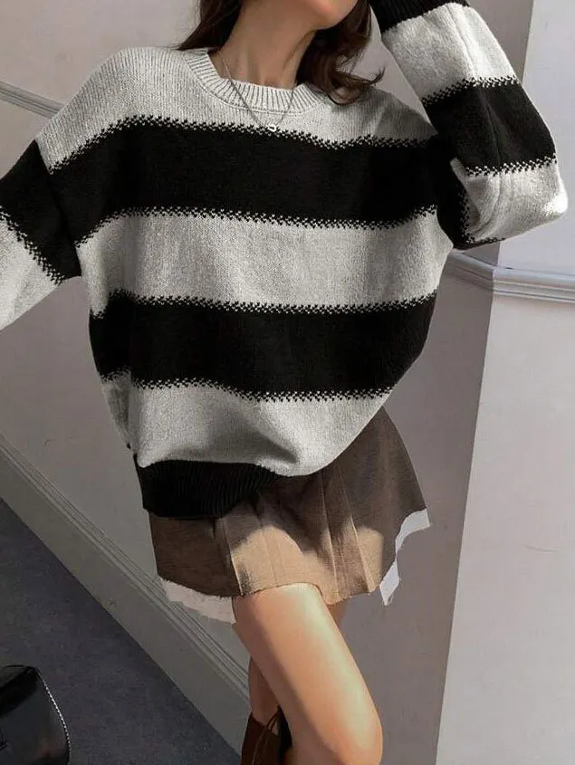 Nigikala Nigikala Wind Stripe Bumpy Long-Sleeved Knitted Shirt Women's Autumn Collar Collar Temperament Top Sweater