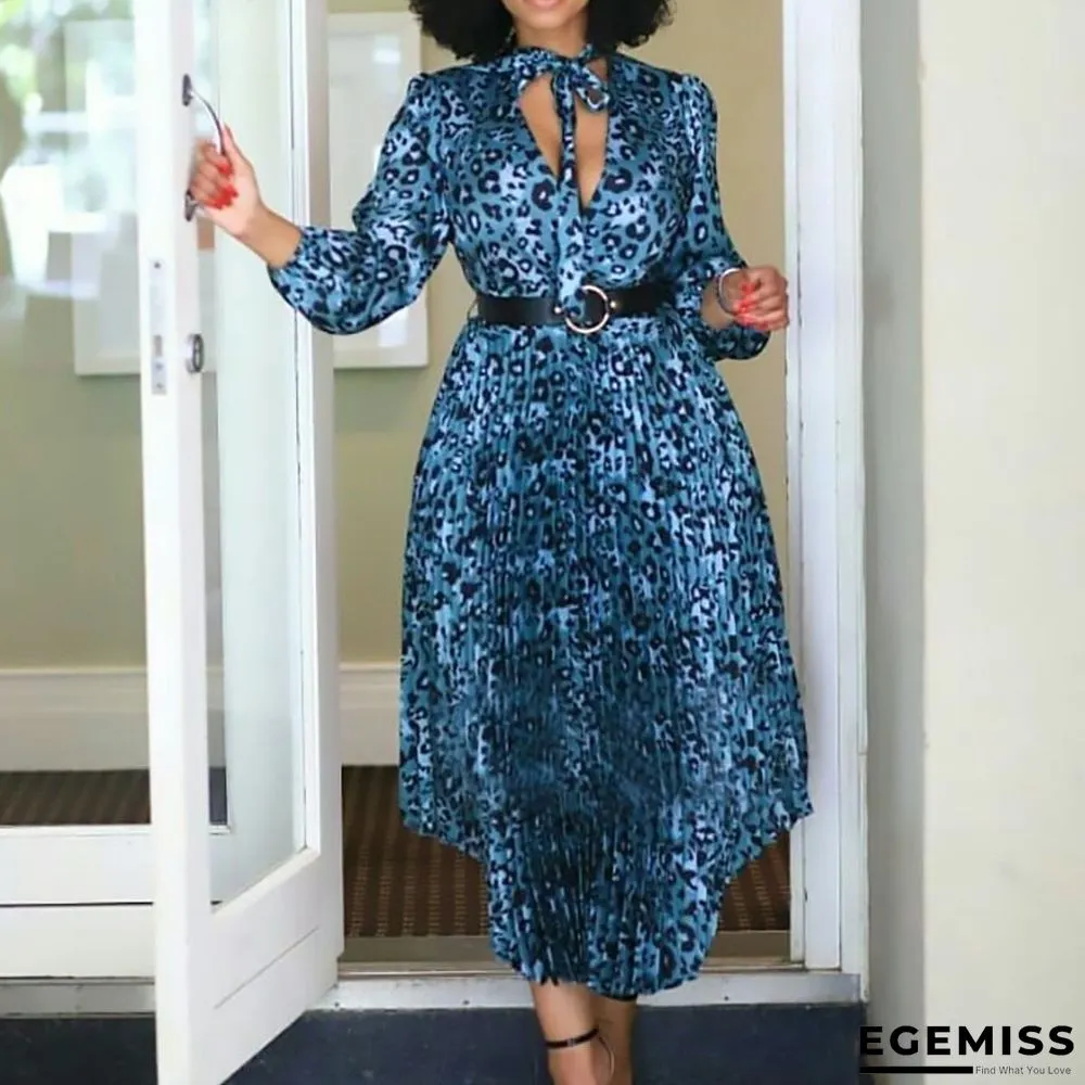 Long Sleeve Printed V-neck Pleated Dress | EGEMISS