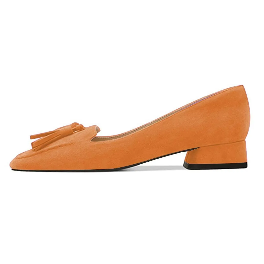 Orange Vegan Suede Tassel Square Toe Loafer Low Heel Pumps