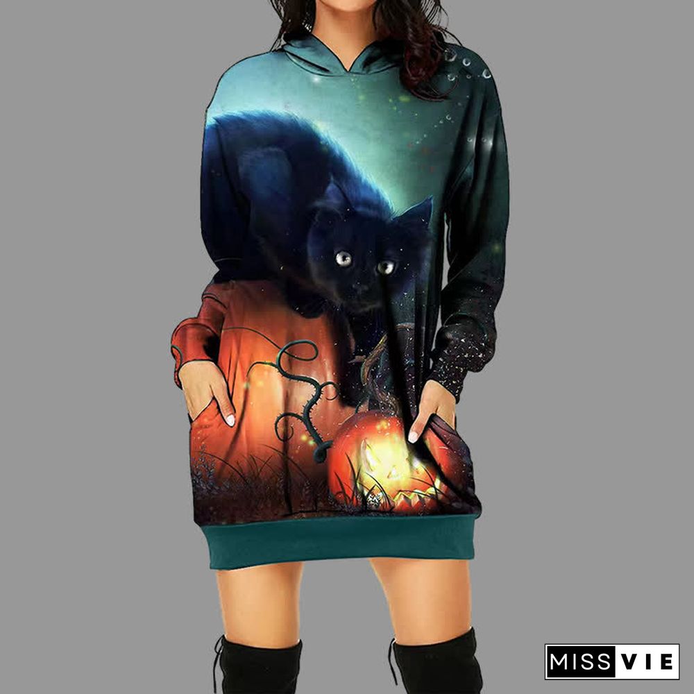 Halloween Pumpkin Black Cat 3D Print Long Sleeve Pocketed Hoodie