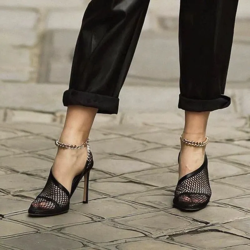 New designer lace air mesh Women Pumps Fashion hollow out shallow chain High heels Elegant Summer Office Ladies Shoes 35-42