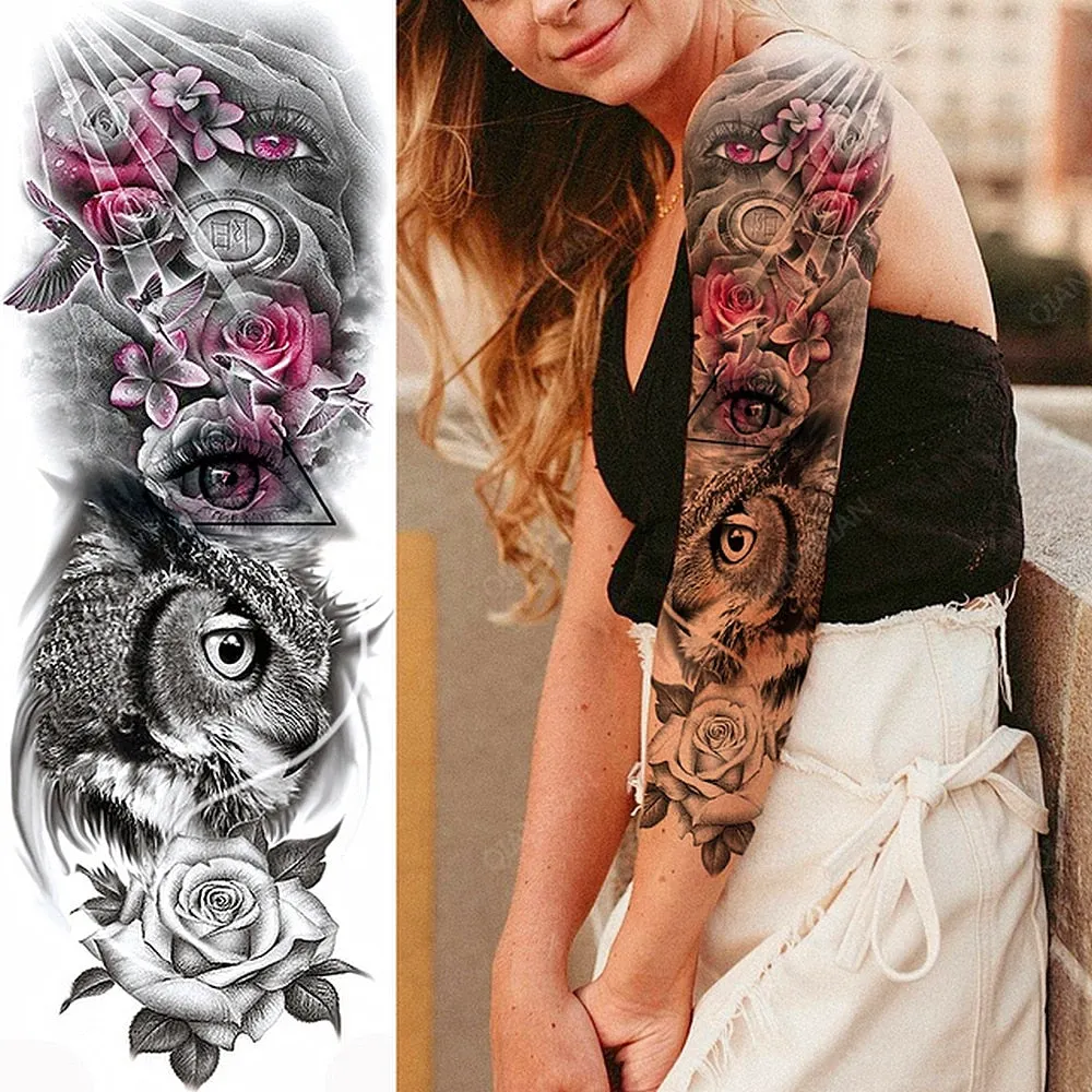 Large Arm Sleeve Tattoo Rose Lion Wolf Waterproof Temporary Tatto Sticker Flower Clock Waist Leg Body Art Full Fake Tatoo Women