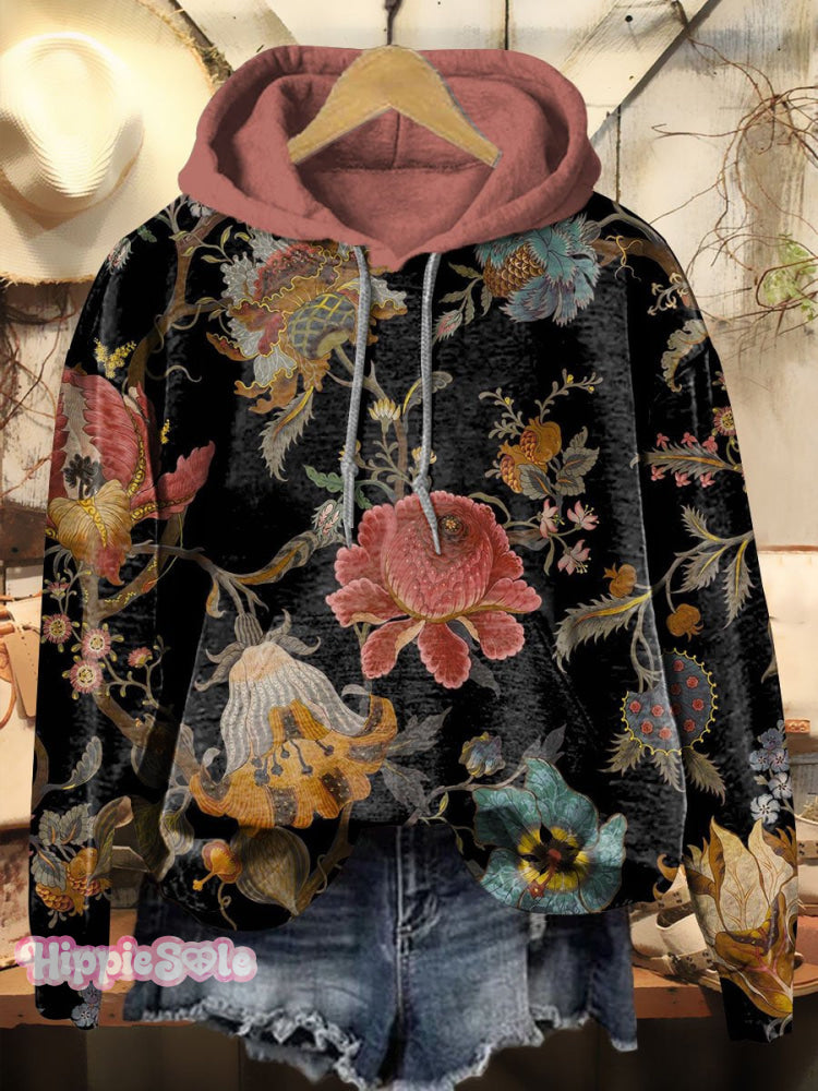 Retro Gorgeous Flower Print Casual Hoodie Sweatshirt Multicolor / S