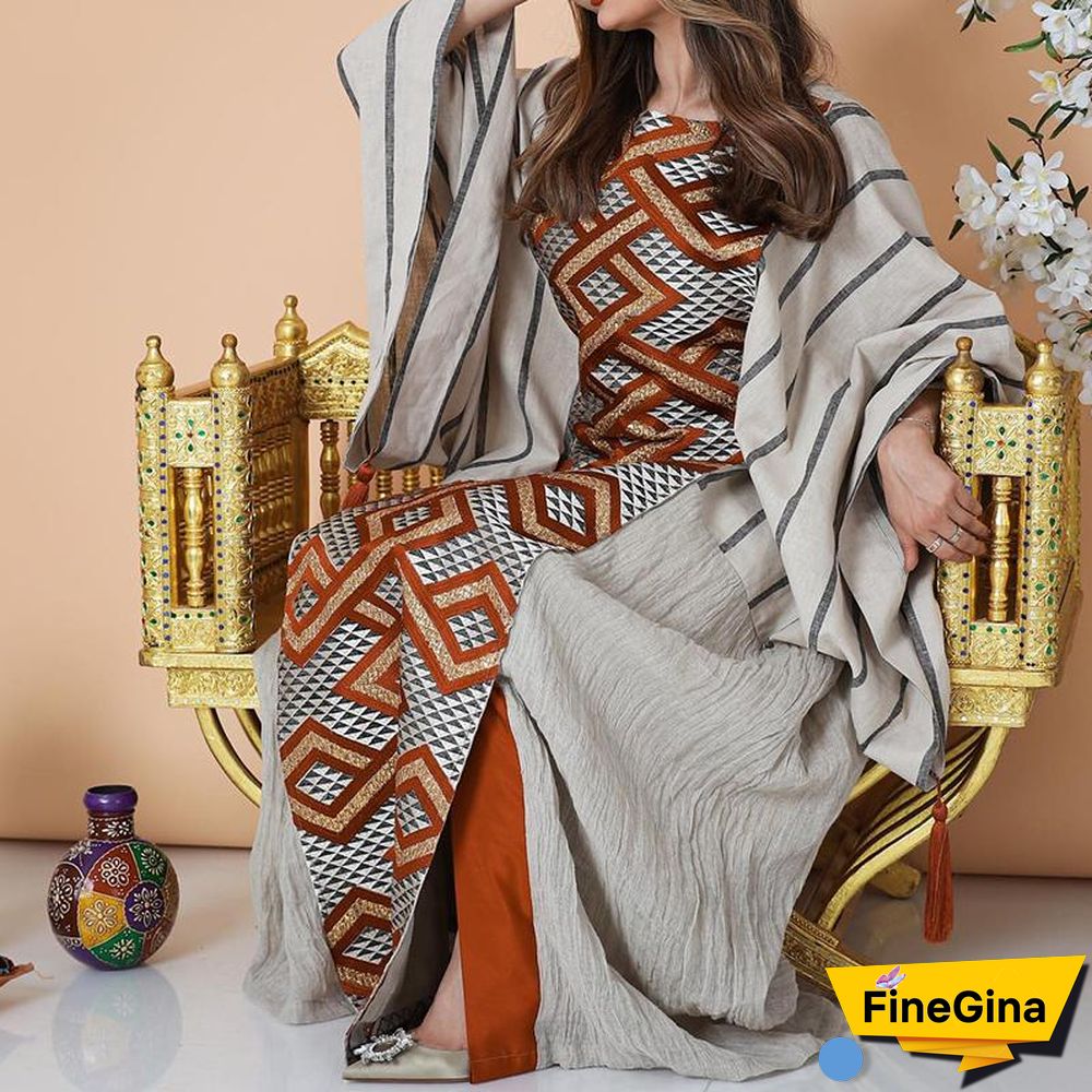 Pagoda Sleeve Striped Printed Maxi Dress