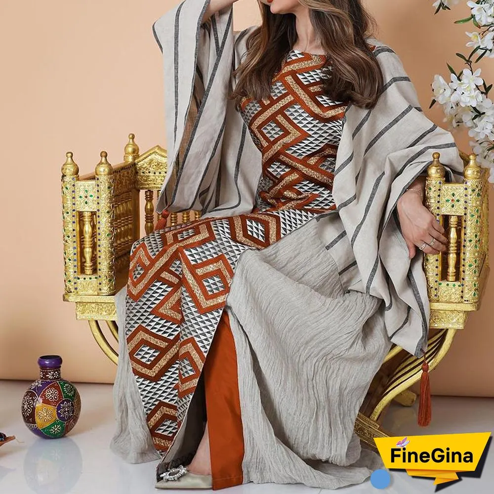 Pagoda Sleeve Striped Printed Maxi Dress