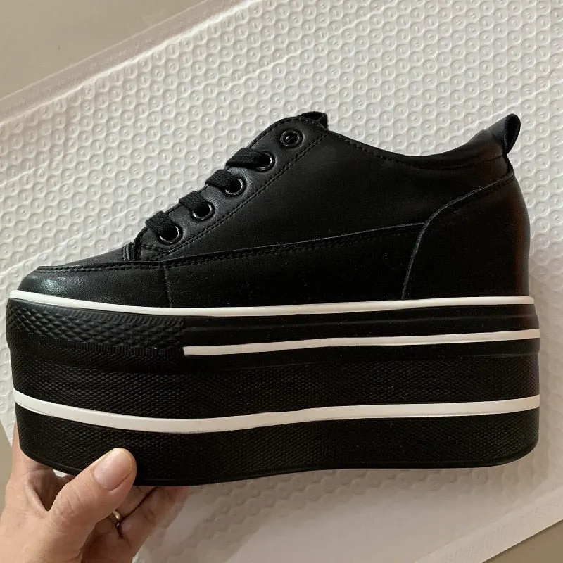 Fujin Super High Thick Heel Platform Flats Women Casual Shoes Genuine Leather Soft High Quality Casual Shoe Sneakers White Black
