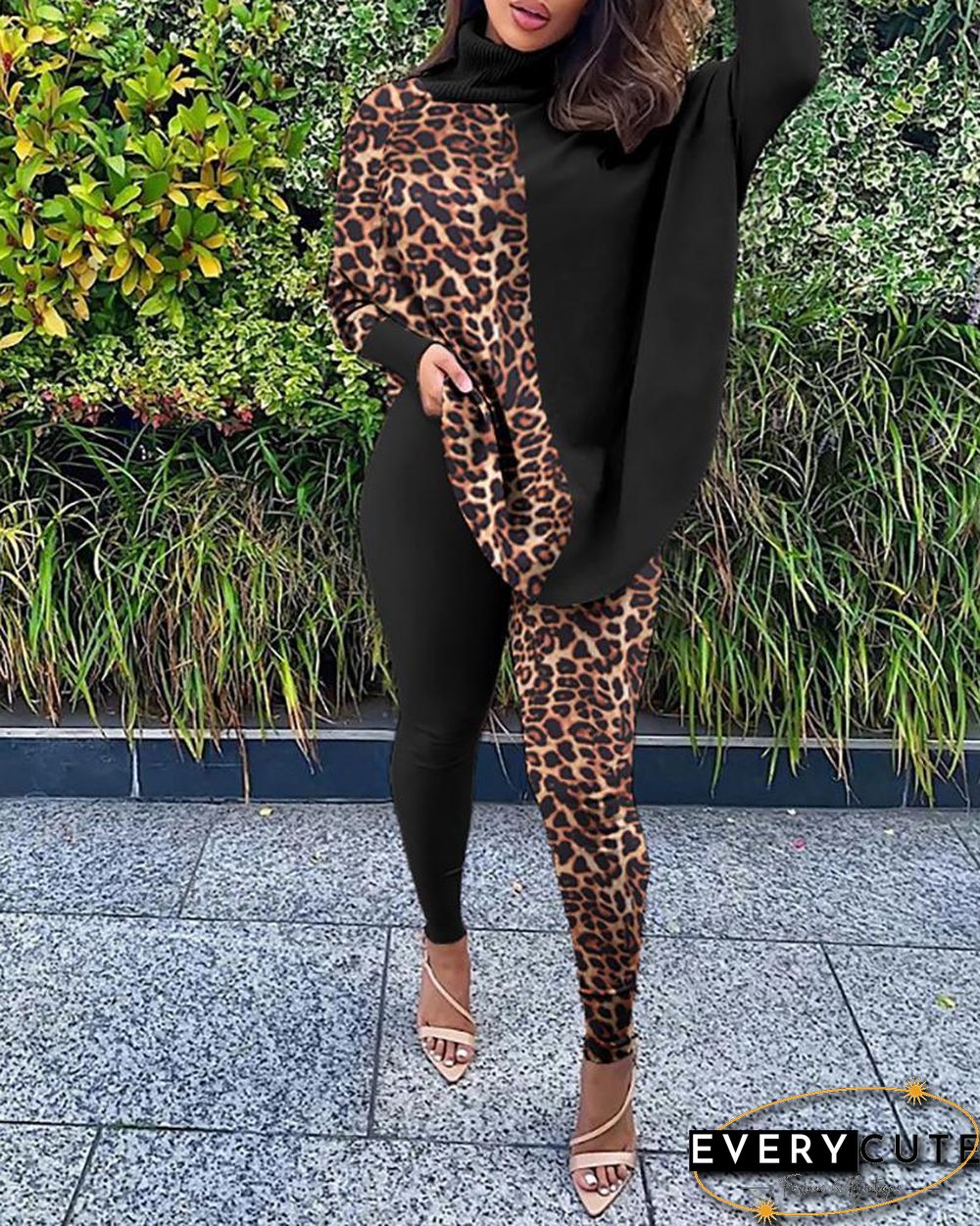 Leopard Print Batwing Sleeve Top & Skinny Pants Set P13124