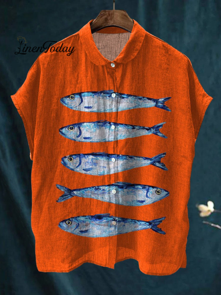 Women&rsquo;s Vintage Lovely Fish Art Print Casual Cotton Linen Shirt Orange / S