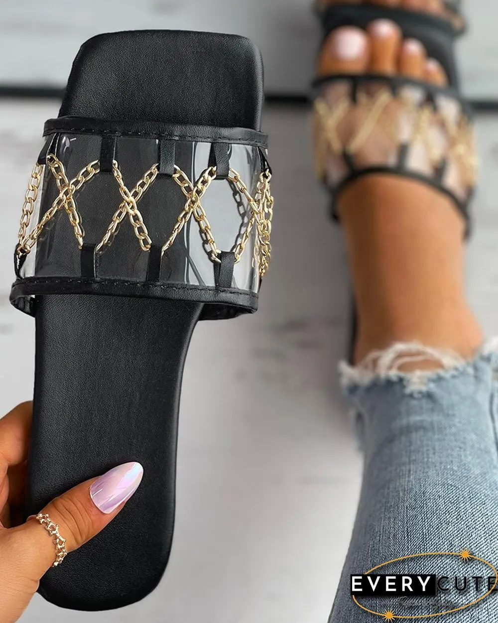 Chain Decor Clear Perspex Square Toe Slipper