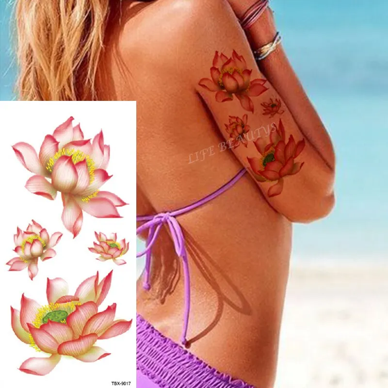 Sdrawing Temporary Flower Tattoos Women Fashion Beauty Rose Butterfly Flash 3D Fake Tattoo Arm Sleeve Pink Blue Sticker Girl