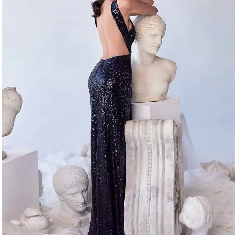 Brownm Brownm Spring Sexy Party Beads Irregular Temperament Evening Dress Female Hanging Neck Dress