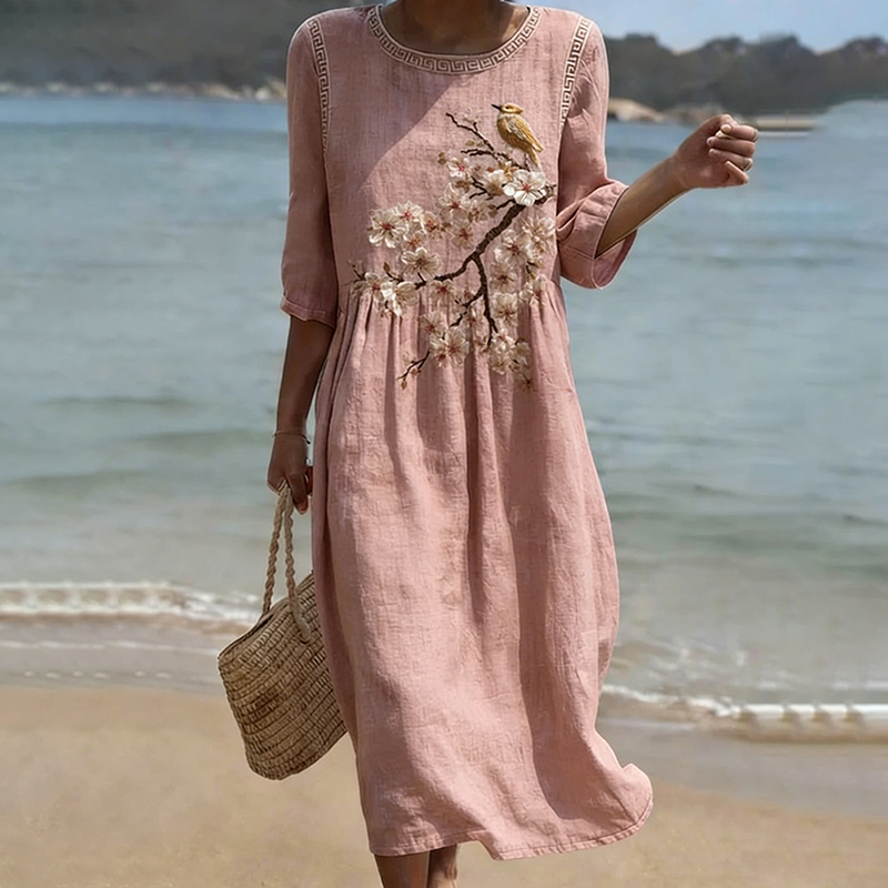 Women's Japanese Sakura & Floral-bird Art Linen-blend Dress elevenforest
