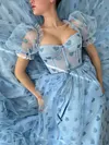 Light Baby Blue Sparkling Prom Dress Short Puff Sleeve Sweetheart Tulle A Line Sheer Bodice Corset Ball Gown Whimsical Love Heart Print