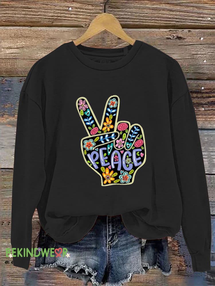 Peace Crew Neck Casual Long Sleeve Sweatshirt Black / S