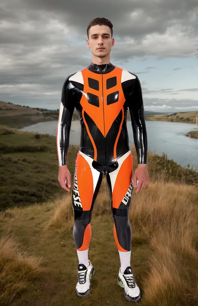 Men Latex Catsuits Speedster MotoGP Motorcycle Orange