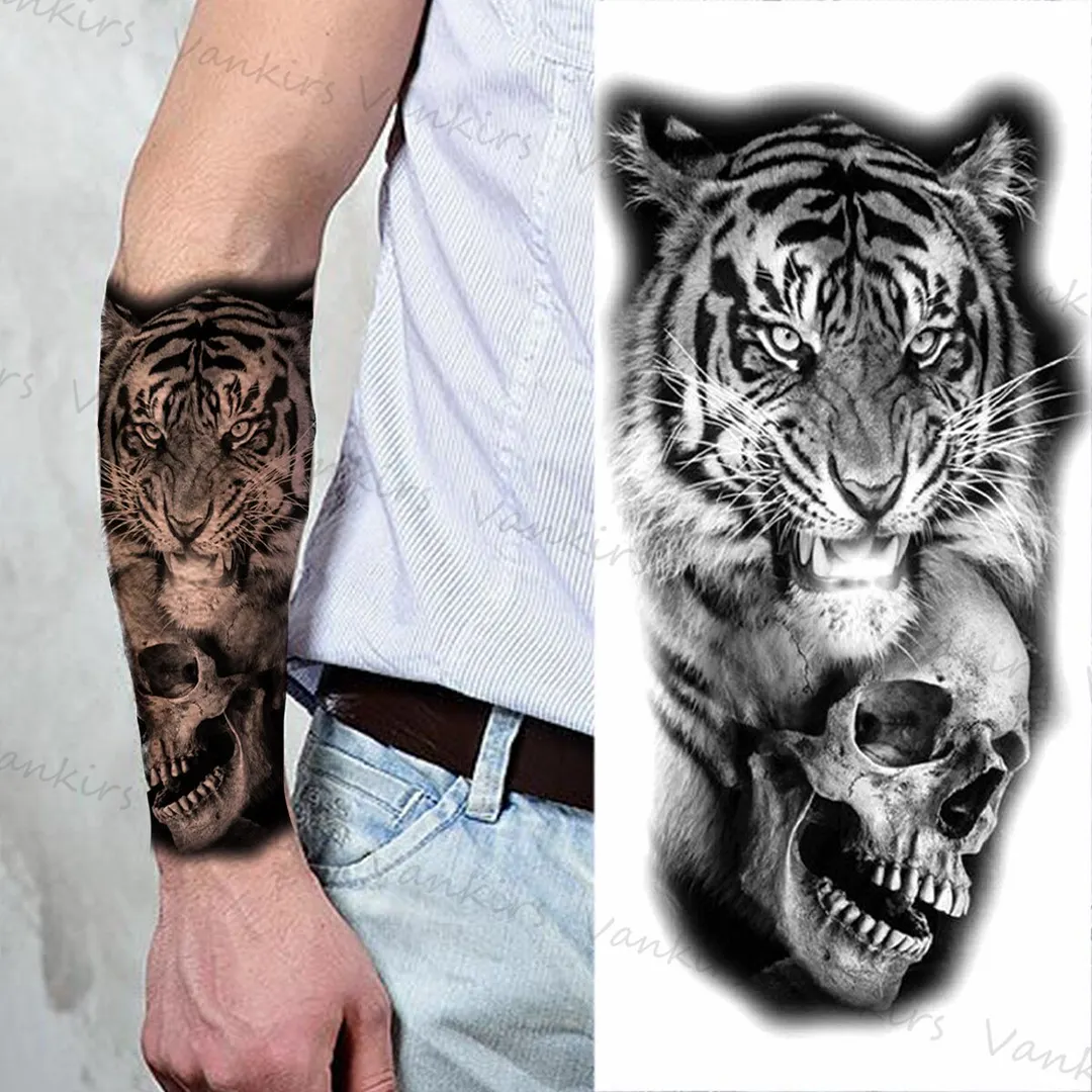 Sdrawing Lion Crown Temporary Tattoos For Women Men Wolf Compass Tiger Mountain Flower Fake Tattoo Sticker Arm Body Tatoos