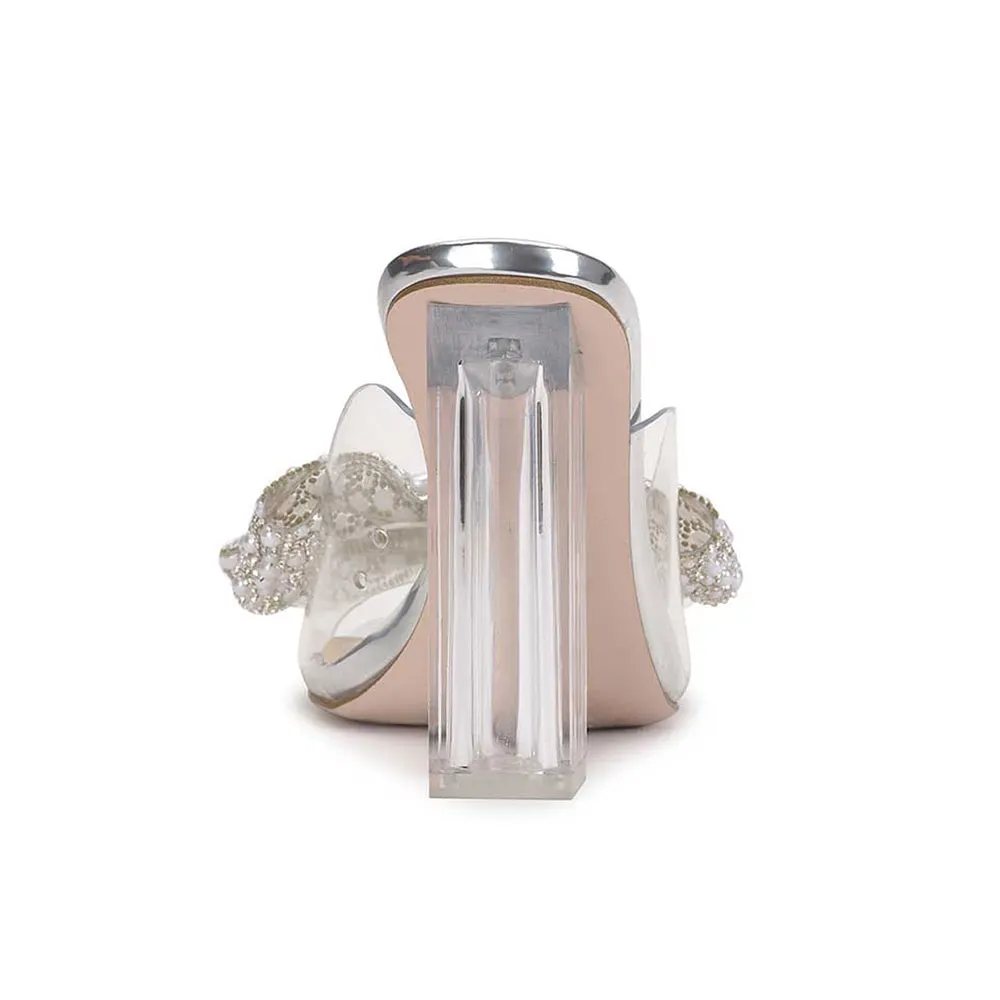 Silver Open Toe Pearls and Rhinestones Bow Clear Slide Sandals