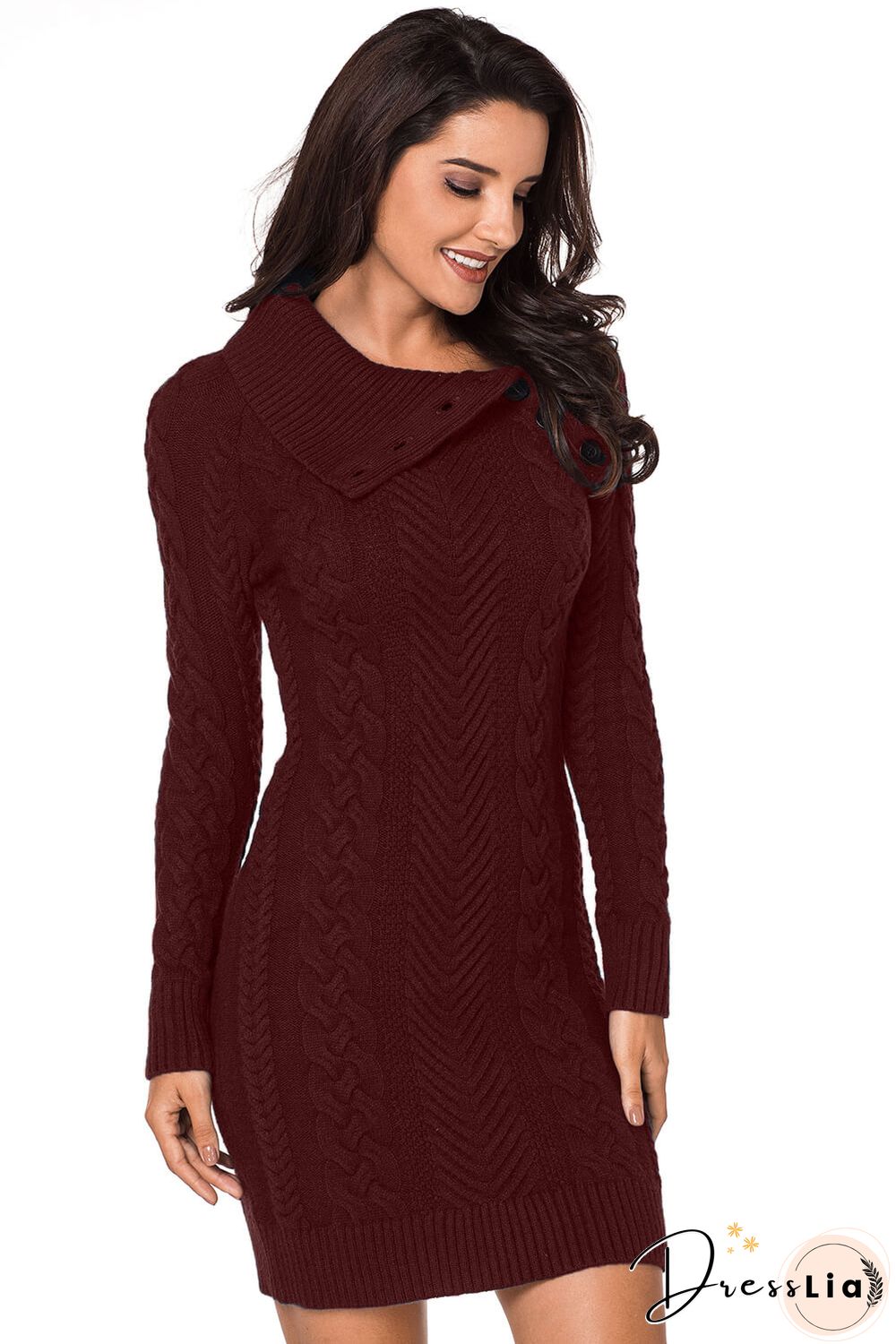 Long Sleeve Knitted Button Neck Sweater Mini Dress