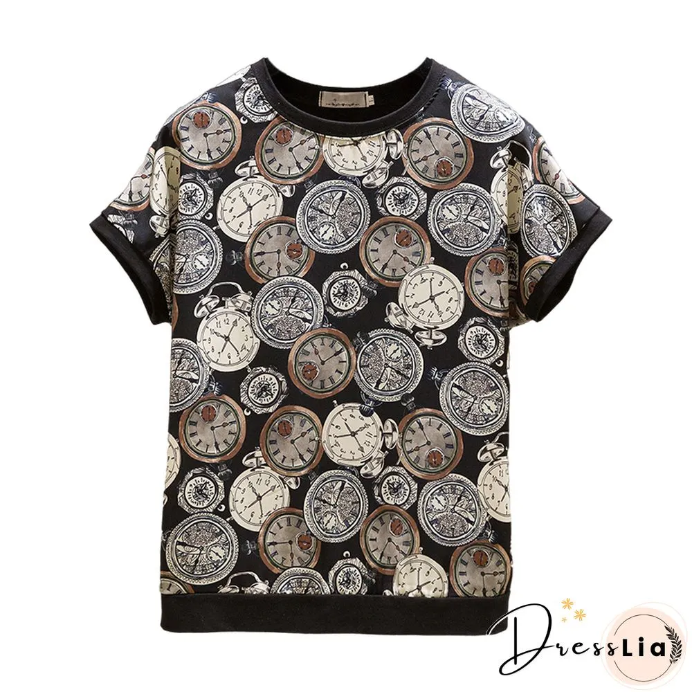 Nkandby Summer Women Short Sleeve Tshirt Chiffon Patchwork Fashion Vintage Print T-Shirt Cool Loose Streetwear Tops Femme
