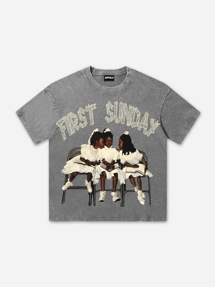 Retro First Sunday Faith Graphic Print Acid Washed T-Shirt
