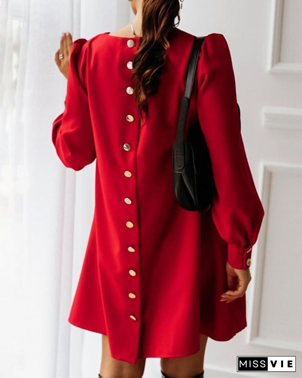 Solid Button Design Casual Mini Dress P14925